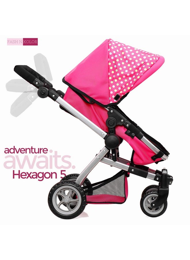 fash n kolor Foldable Pram for Baby Doll with Polka Dots Design with Swiveling Wheel Adjustable Handle