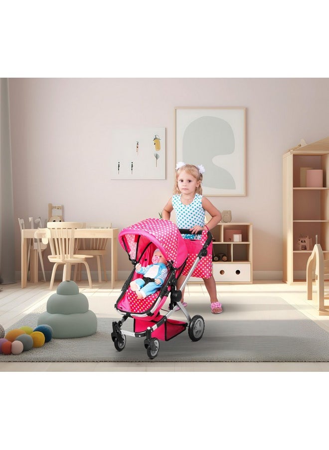 fash n kolor Foldable Pram for Baby Doll with Polka Dots Design with Swiveling Wheel Adjustable Handle