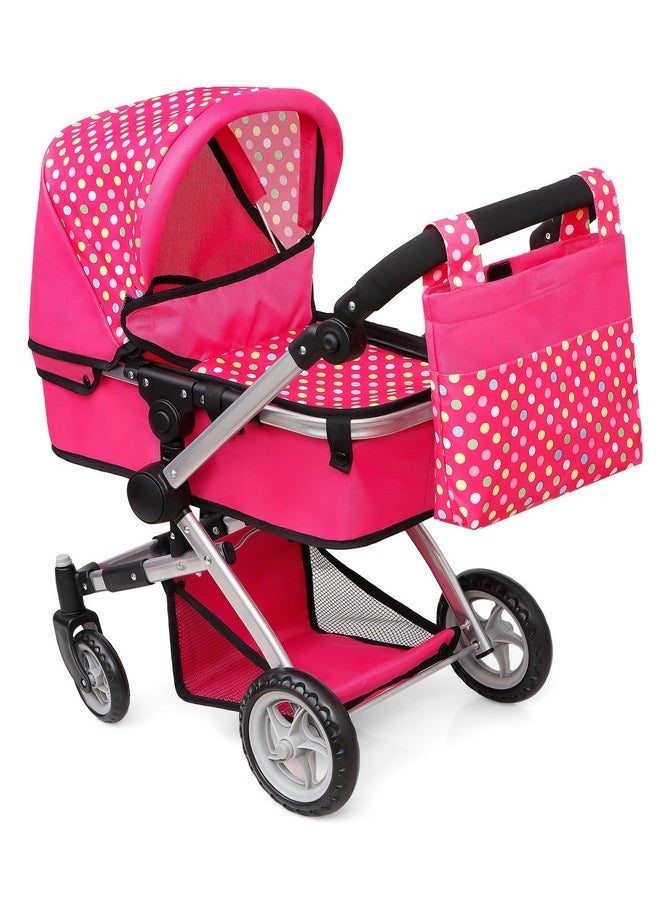 fash n kolor Foldable Pram for Baby Doll with Polka Dots Design with Swiveling Wheel Adjustable Handle