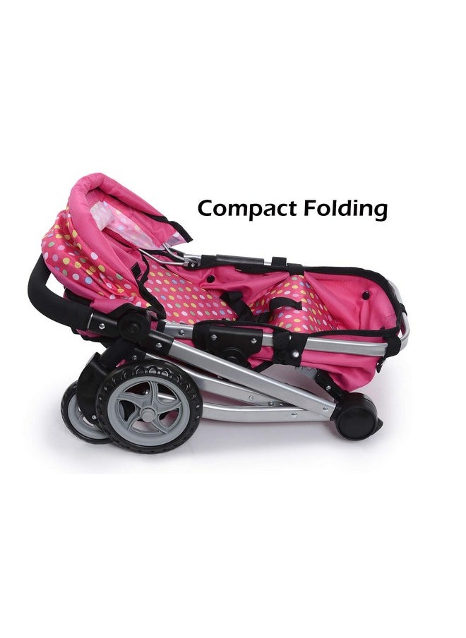 fash n kolor Foldable Pram for Baby Doll with Polka Dots Design with Swiveling Wheel Adjustable Handle