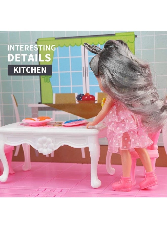 DIY Dollhouse Dreamhouse Building Toy with Furniture, Pets & Dolls – 6 Rooms Playhouse, Movable Slides – Gift for Boys & Girls
