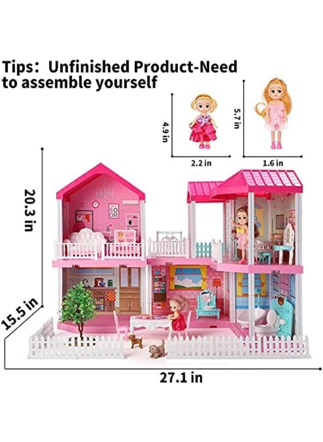 DIY Dollhouse Dreamhouse Building Toy with Furniture, Pets & Dolls – 6 Rooms Playhouse, Movable Slides – Gift for Boys & Girls