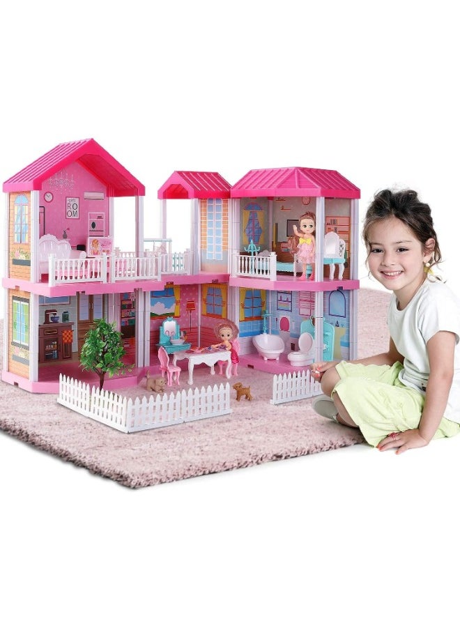 DIY Dollhouse Dreamhouse Building Toy with Furniture, Pets & Dolls – 6 Rooms Playhouse, Movable Slides – Gift for Boys & Girls