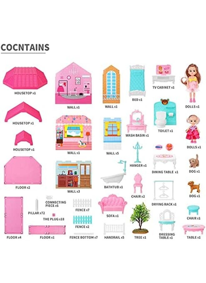 DIY Dollhouse Dreamhouse Building Toy with Furniture, Pets & Dolls – 6 Rooms Playhouse, Movable Slides – Gift for Boys & Girls