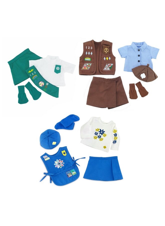 Emily Rose Doll Clothes | Value Pack - 3 18-inch Doll Girl Scout Inspired Modern Uniforms, Including Daisy, Brownie and Junior Scout Outfits | Officially Licensed by Girl Scouts of The USA!