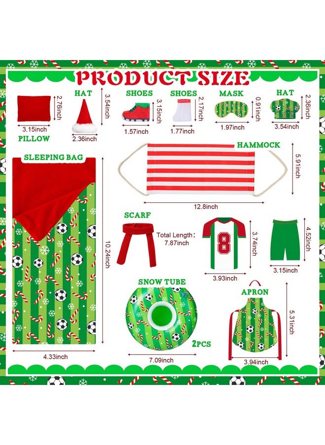 Kacctyen 15 Pcs Soccer Themed Christmas Elf Doll Accessories Include Christmas Doll Sleeping Bag Apron Chef Hat Scarf Pillow Eye Mask Shoes Mask Hammock for Elf Doll Props