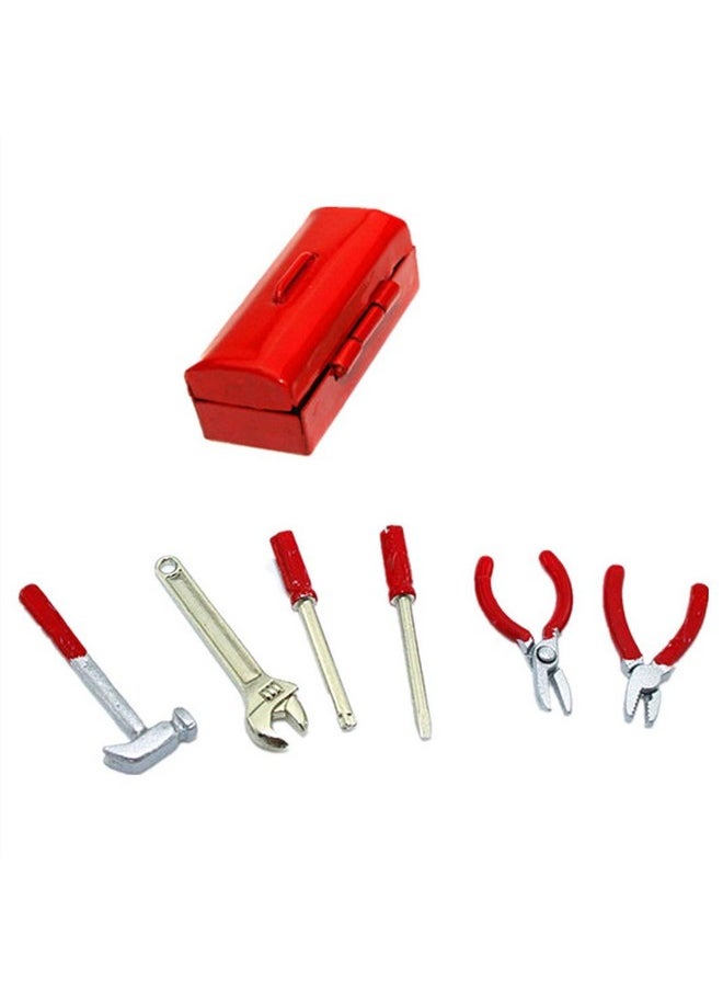 SXFSE Dollhouse Decoration Accessories, 1:12 Dollhouse Miniature Scene Model Work Tools Set with Toolbox 7 Pcs (Red Tools+Red Box, As Shown)