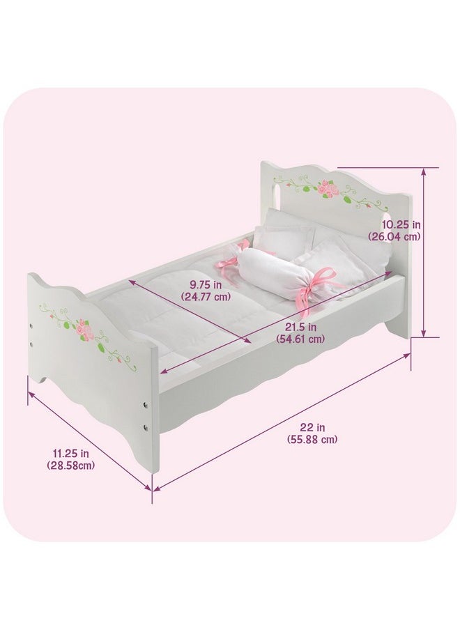 Badger Basket Doll Bed with Bedding for 18 to 20-Inch Dolls - Elegant White and Pink Rose Design for Imaginative Play