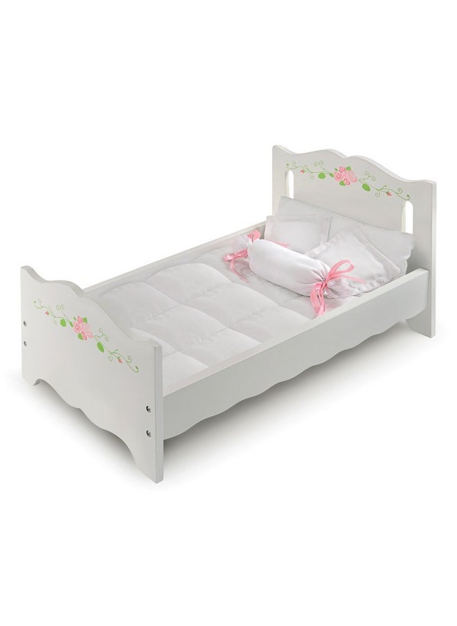 Badger Basket Doll Bed with Bedding for 18 to 20-Inch Dolls - Elegant White and Pink Rose Design for Imaginative Play