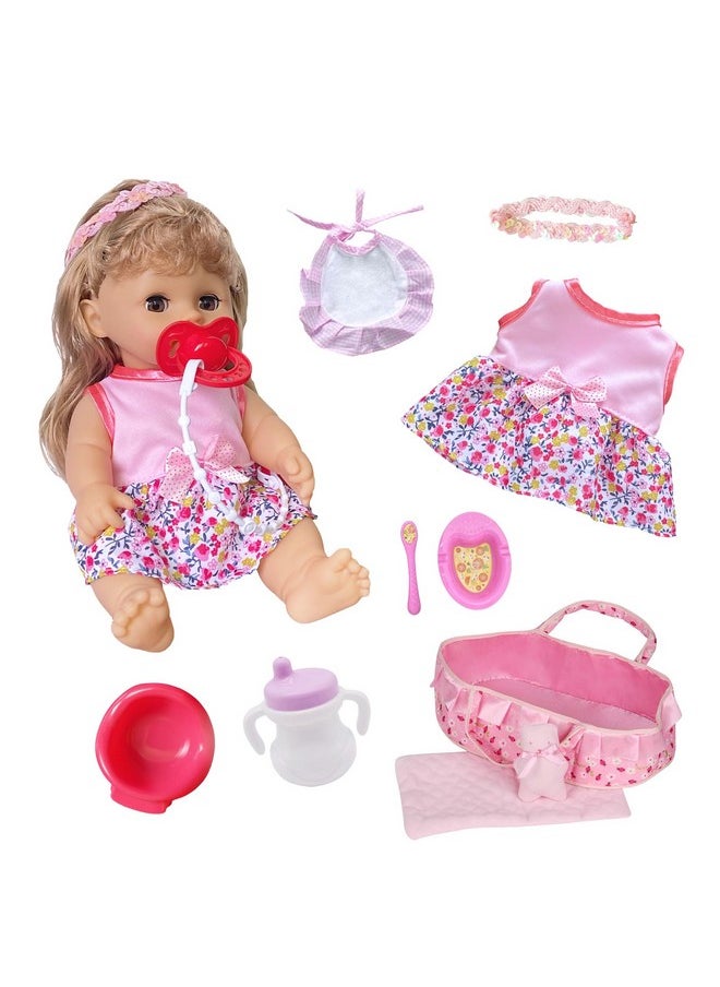 Huang Cheng Toys 10 PCS 12 inch Baby Doll with Clothes Lovely Newborn Doll Hairband Potty Burp Cloth Bag Bottle Bowl Spoon for Kid Girls