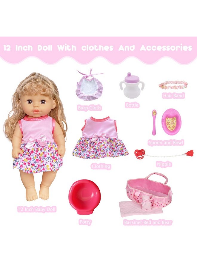 Huang Cheng Toys 10 PCS 12 inch Baby Doll with Clothes Lovely Newborn Doll Hairband Potty Burp Cloth Bag Bottle Bowl Spoon for Kid Girls