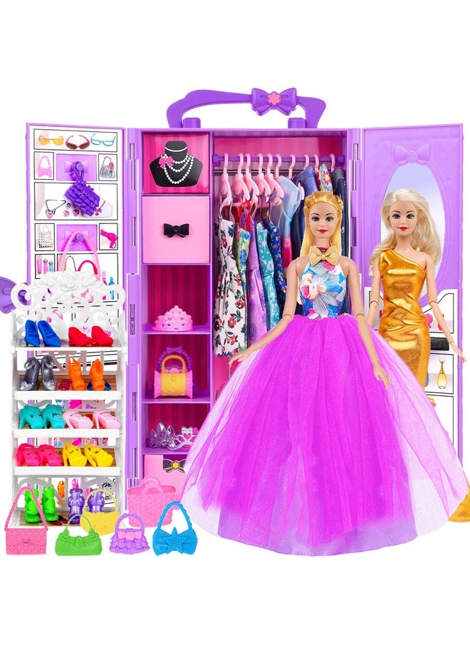 ebuddy Doll and Doll Accessories 101 Pcs Doll Clothes and Accessories Purple Doll Closet Wardrobe Closet Playest for 11.5 Inch Girl Doll Including Shoes Rack,Dress,Shoes Hangers Accessories(One Doll)