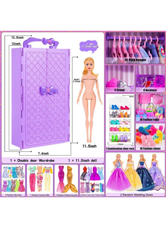 ebuddy Doll and Doll Accessories 101 Pcs Doll Clothes and Accessories Purple Doll Closet Wardrobe Closet Playest for 11.5 Inch Girl Doll Including Shoes Rack,Dress,Shoes Hangers Accessories(One Doll)