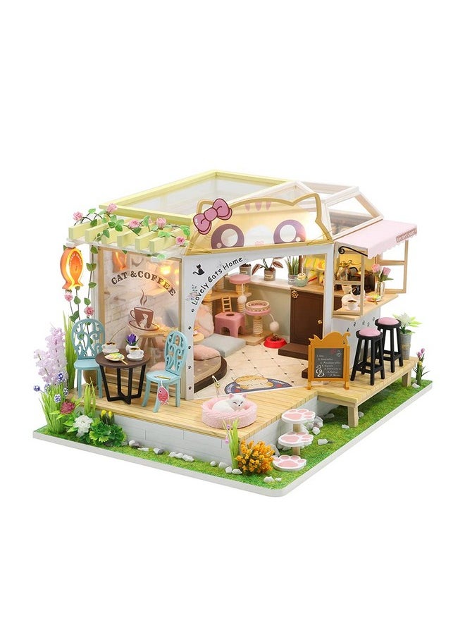 Flever Dollhouse Miniature DIY House Kit Creative Room with Furniture for Romantic Valentine's Gift (Cat Cafe Garden)