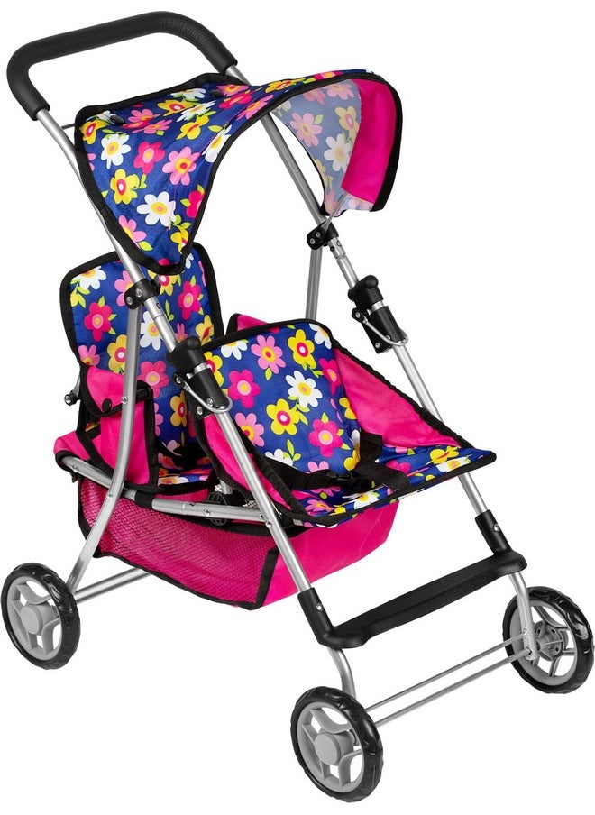fash n kolor Twin Baby Doll Stroller - Pretend Play Baby Stroller for Dolls - Toy Stroller with Storage Basket for Baby Doll Accessories Set - Flower Design Baby Stroller Toy for Kids - Folds Easily
