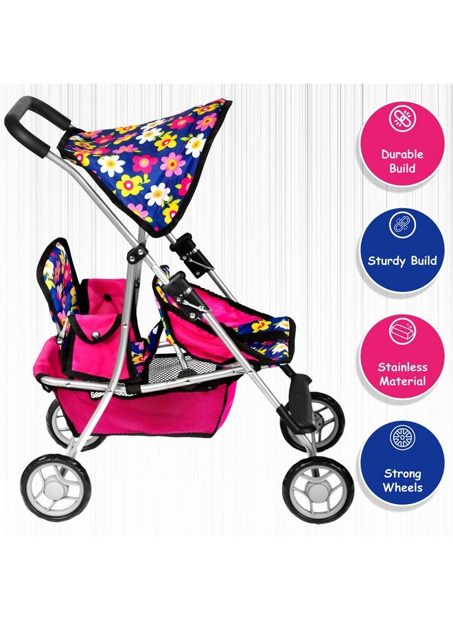 fash n kolor Twin Baby Doll Stroller - Pretend Play Baby Stroller for Dolls - Toy Stroller with Storage Basket for Baby Doll Accessories Set - Flower Design Baby Stroller Toy for Kids - Folds Easily