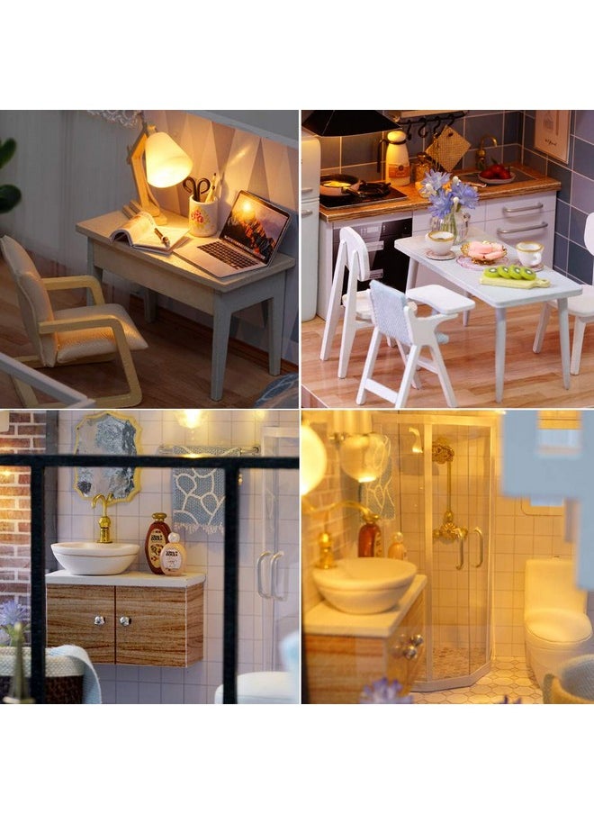 MAGQOO 3D Wooden Dollhouse Miniature DIY House Kit with Furniture,1:24 DIY Dollhouse Kit Dust Proof Included (Blue Times)