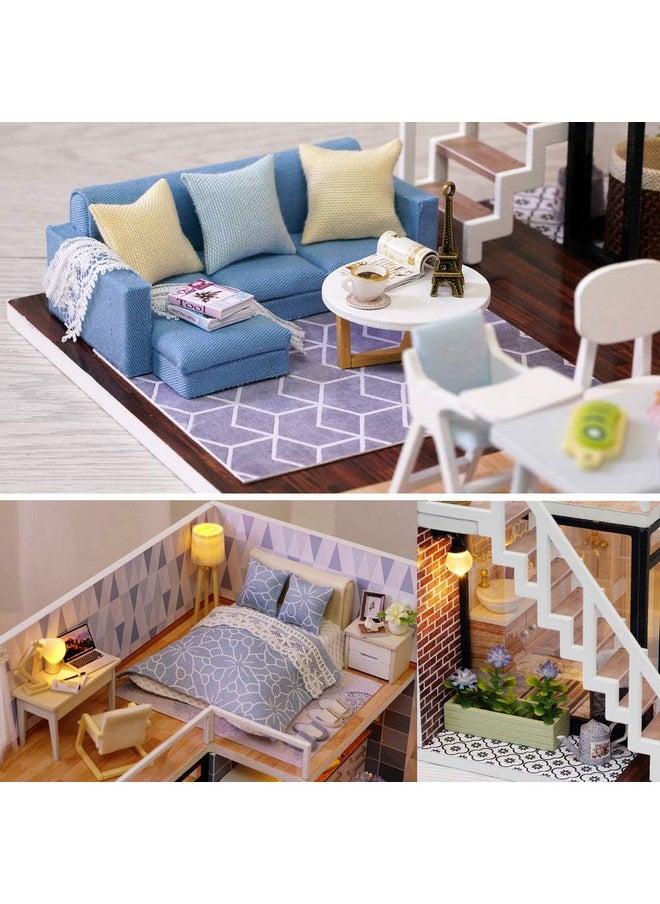 MAGQOO 3D Wooden Dollhouse Miniature DIY House Kit with Furniture,1:24 DIY Dollhouse Kit Dust Proof Included (Blue Times)