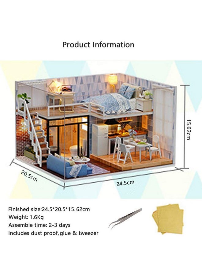 MAGQOO 3D Wooden Dollhouse Miniature DIY House Kit with Furniture,1:24 DIY Dollhouse Kit Dust Proof Included (Blue Times)