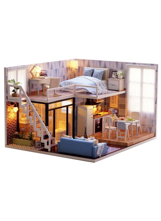 MAGQOO 3D Wooden Dollhouse Miniature DIY House Kit with Furniture,1:24 DIY Dollhouse Kit Dust Proof Included (Blue Times)