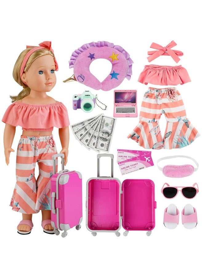 COSYOO 17 PCS Doll Travel Set Suitcase American Doll Accessories for Girl 18 Inch Including Suitcase Luggage A Set of Clothes Slippers Sunglasses Camera Laptop Unicorn Pillow Blindfold