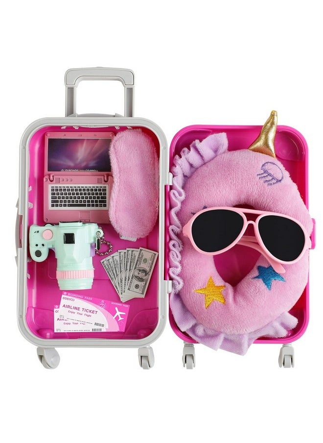 COSYOO 17 PCS Doll Travel Set Suitcase American Doll Accessories for Girl 18 Inch Including Suitcase Luggage A Set of Clothes Slippers Sunglasses Camera Laptop Unicorn Pillow Blindfold