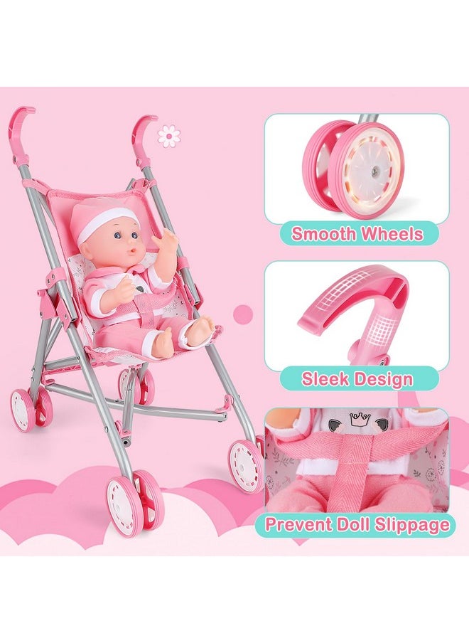 deAO Baby Doll Stroller Crib Bed Nursery Role Play Set Baby Doll Accessories and Play Mat,Travel Cot,Bouncer,Foldable Stroller and Travel Bag Birthday for Girls Boys Kids