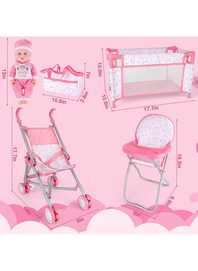 deAO Baby Doll Stroller Crib Bed Nursery Role Play Set Baby Doll Accessories and Play Mat,Travel Cot,Bouncer,Foldable Stroller and Travel Bag Birthday for Girls Boys Kids