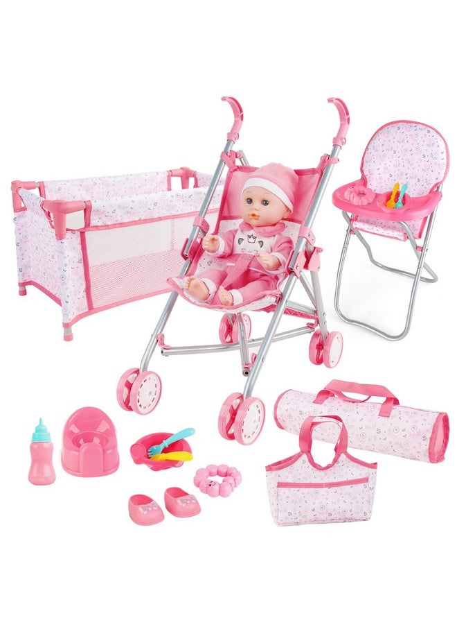 deAO Baby Doll Stroller Crib Bed Nursery Role Play Set Baby Doll Accessories and Play Mat,Travel Cot,Bouncer,Foldable Stroller and Travel Bag Birthday for Girls Boys Kids