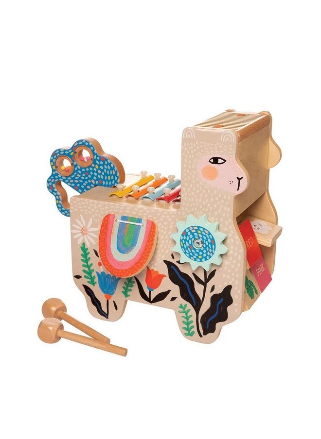 Manhattan Toy Musical Llama Wooden Instrument for Toddlers with Maraca, Clacking Saddlebags, Drumsticks, Washboard & Xylophone
