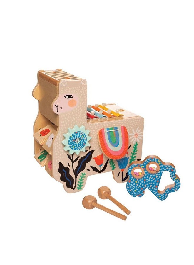 Manhattan Toy Musical Llama Wooden Instrument for Toddlers with Maraca, Clacking Saddlebags, Drumsticks, Washboard & Xylophone