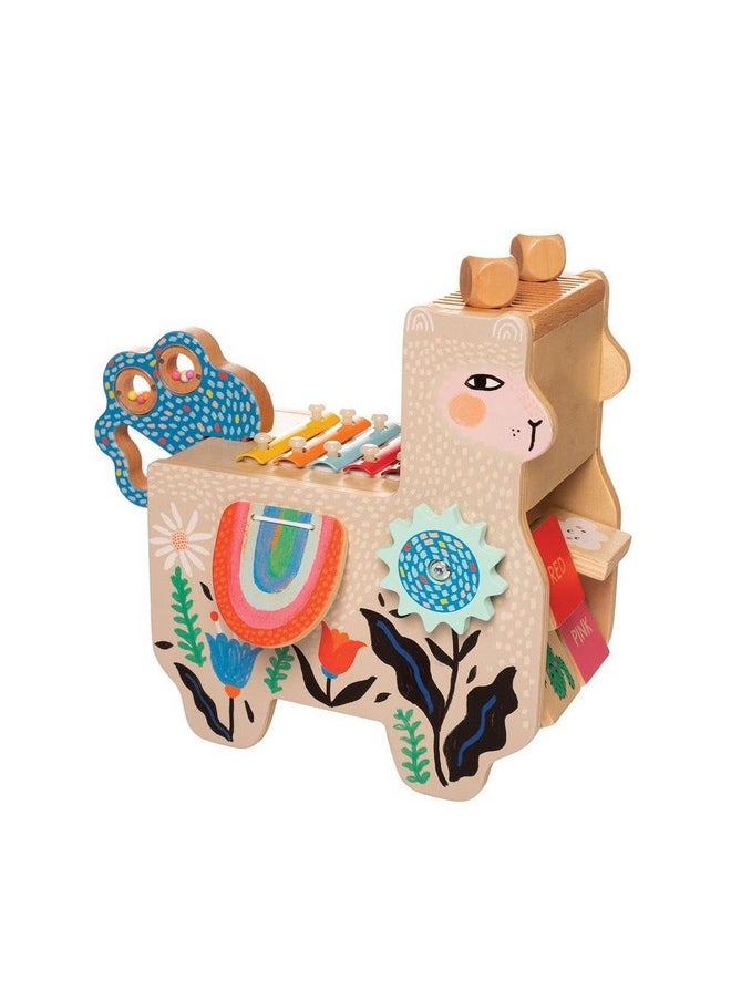 Manhattan Toy Musical Llama Wooden Instrument for Toddlers with Maraca, Clacking Saddlebags, Drumsticks, Washboard & Xylophone