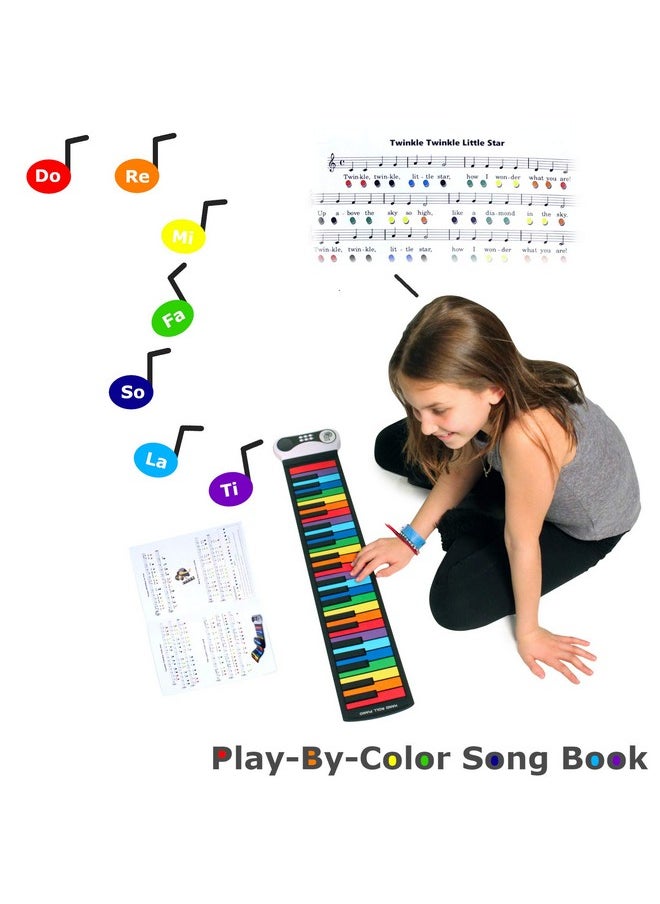 MUKIKIM Rock and Roll It - The Original Rainbow Piano. Roll Up Flexible Piano Keyboard for Kids / Beginners. Portable 49 Keys Silicone Piano Pad. Play-by-Color Songbook Included!