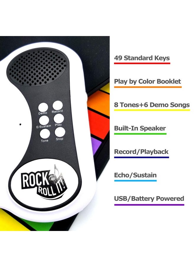MUKIKIM Rock and Roll It - The Original Rainbow Piano. Roll Up Flexible Piano Keyboard for Kids / Beginners. Portable 49 Keys Silicone Piano Pad. Play-by-Color Songbook Included!