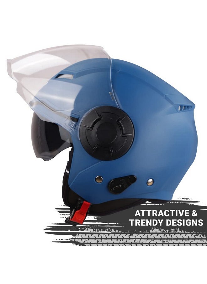 Steelbird GT Dashing ISI Certified Open Face Helmet for Men and Women with Inner Sun Shield ( Dual Visor Mechanism ) (Medium 580 MM, Dashing Blue)
