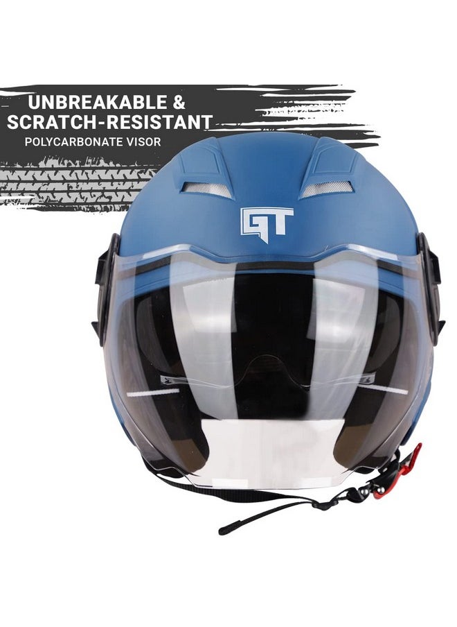 Steelbird GT Dashing ISI Certified Open Face Helmet for Men and Women with Inner Sun Shield ( Dual Visor Mechanism ) (Medium 580 MM, Dashing Blue)