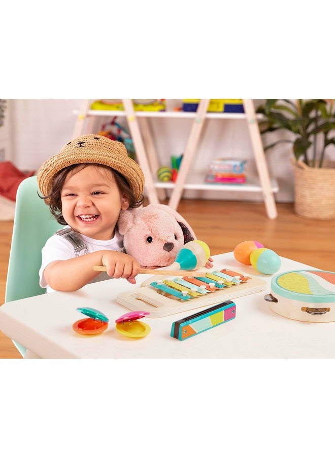 B. toys- Make a Melody- 9pc Wooden Musical Instruments - Xylophone, Tambourine, Harmonica - Drawstring Storage Bag - 2 Years +