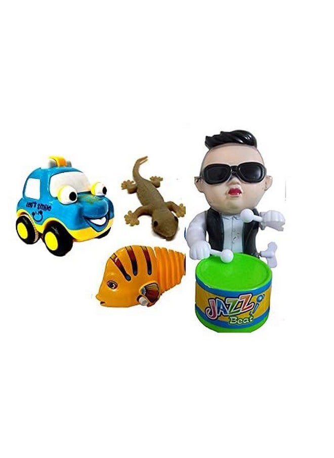 ARSDEWY Combo Set of 4 Different Key Operated Toys, Fish, Lizard, Mini Vehicle, Drummer Boy Toys for Kids/Baby Attractive Colors