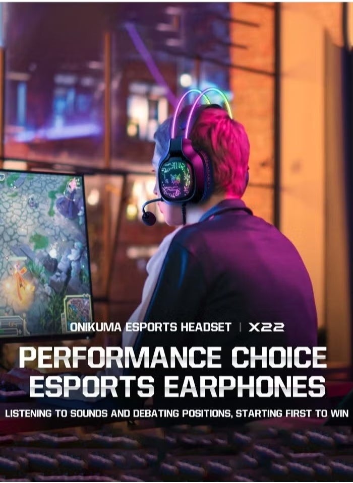 X22 Over-Ear Gaming Wired Headphones – Gaming Headset with Microphone, RGB LED Lights, Stereo Sound, Comfortable Earphones for PS4/PS5/XOne/XSeries/NSwitch/PC – Ideal for Immersive Gaming, Chat, and Long Sessions – Black