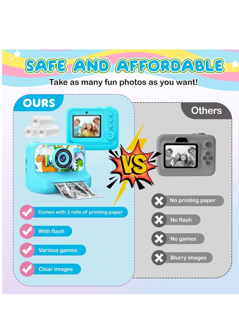 Kids Instant Print Camera with 1080P Video, Digital Photo, MP3 Player, Games & Rechargeable Battery – Fun Toy Camera for Boys & Girls