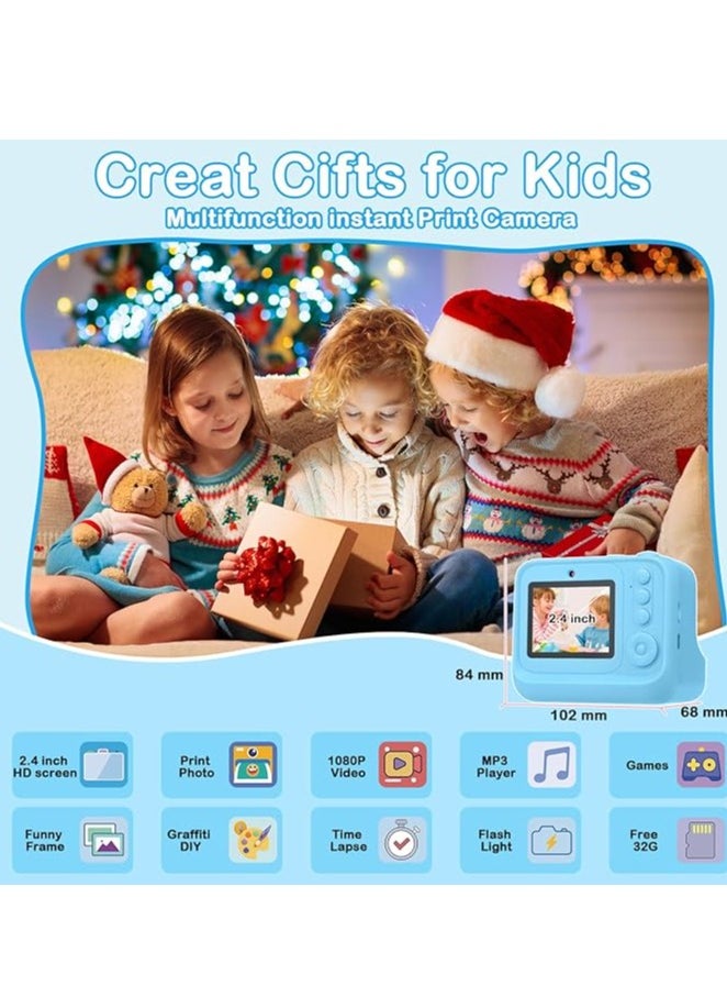 Kids Instant Print Camera with 1080P Video, Digital Photo, MP3 Player, Games & Rechargeable Battery – Fun Toy Camera for Boys & Girls