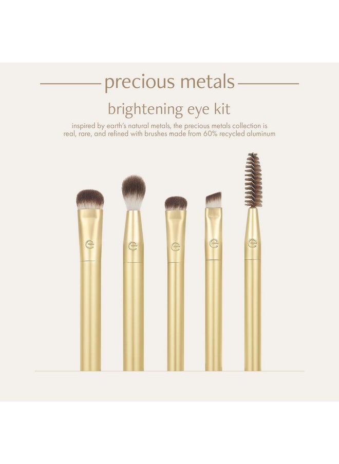 EcoTools Precious Metals Brightening Eye Kit, Precision Makeup Brushes For Eyeshadow, Brows, & Liner, Eco-friendly Makeup Brush Set, Sustainable Recycled Aluminum, Cruelty-Free, Chrome, 5 Piece Set