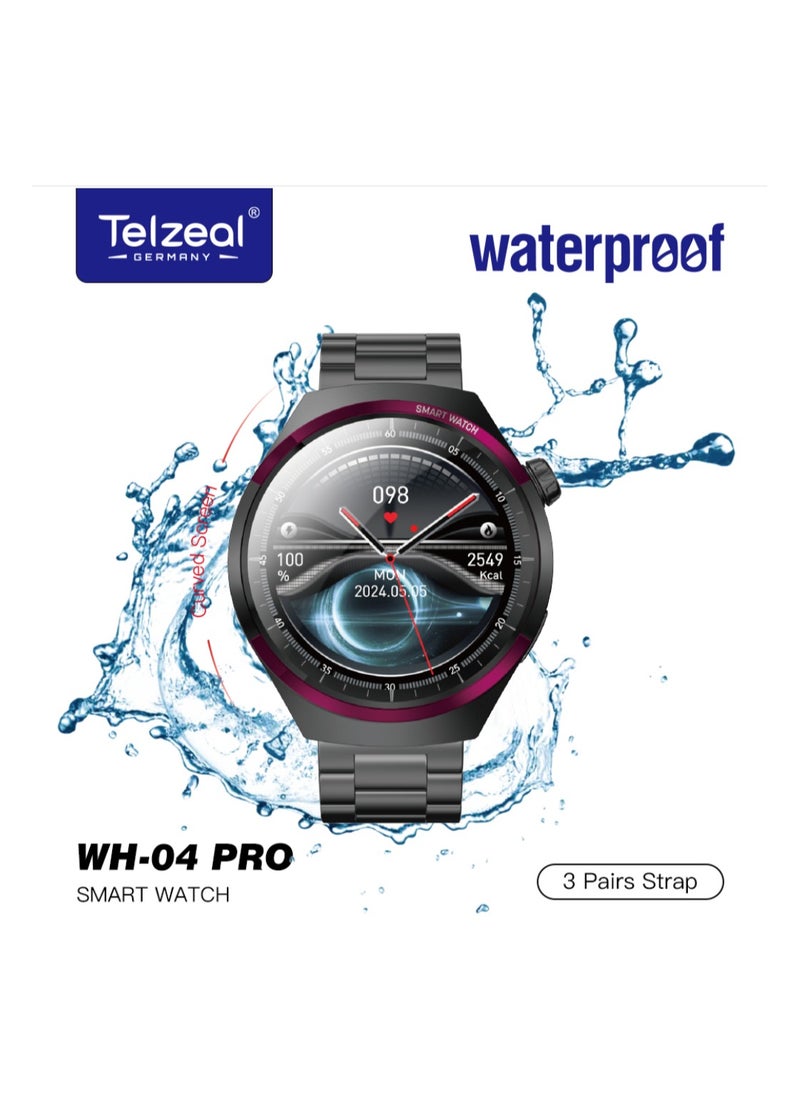 Telzeal WH 04 Pro Max Screen Waterproof Smartwatch With Curved Display 3 Pair Straps and Charging Cable Designed for Mens and Boys Silver