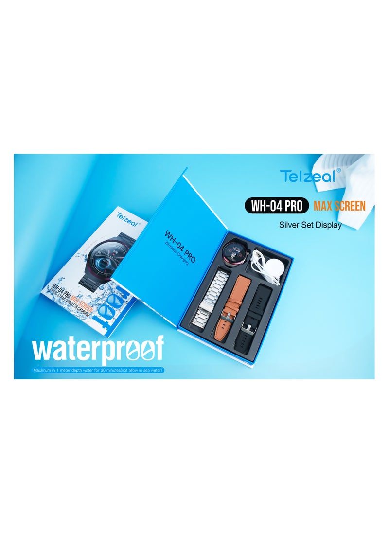 Telzeal WH 04 Pro Max Screen Waterproof Smartwatch With Curved Display 3 Pair Straps and Charging Cable Designed for Mens and Boys Silver