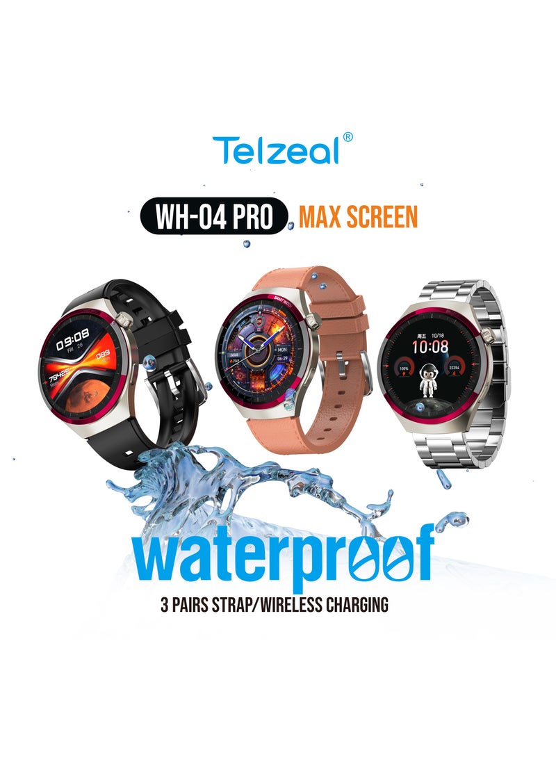 Telzeal WH 04 Pro Max Screen Waterproof Smartwatch With Curved Display 3 Pair Straps and Charging Cable Designed for Mens and Boys Silver
