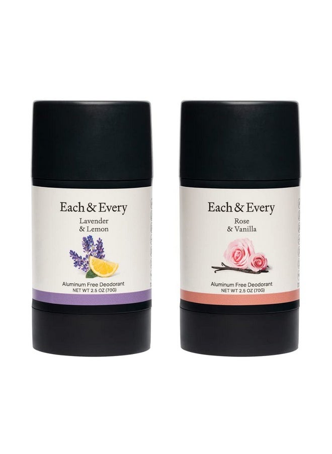 Each & Every Natural Deodorant for Men & Women - Aluminum- Free, Sensitive Skin, Plant-Based, Baking Soda-Free, 24 Hr Odor Control - Lavender & Lemon + Rose & Vanilla Travel Size Multipack, 2.5oz