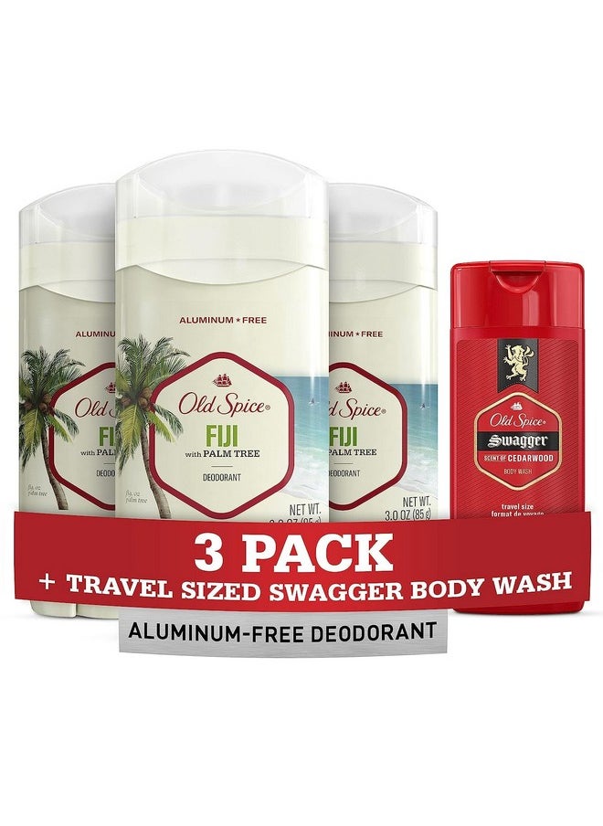 Old Spice Men's Deodorant Aluminum-Free Fiji with Palm Tree, 3oz (Pack of 3) with Travel-Size Swagger Body Wash