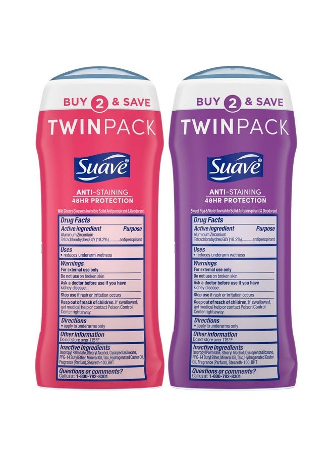 Suave Deodorant Antiperspirant for Women, Variety Pack - Sweet Pea & Violet + Wild Cherry Blossom, 48H Protection, Anti-Staining, 2.6 Oz Ea (4 Piece Set)