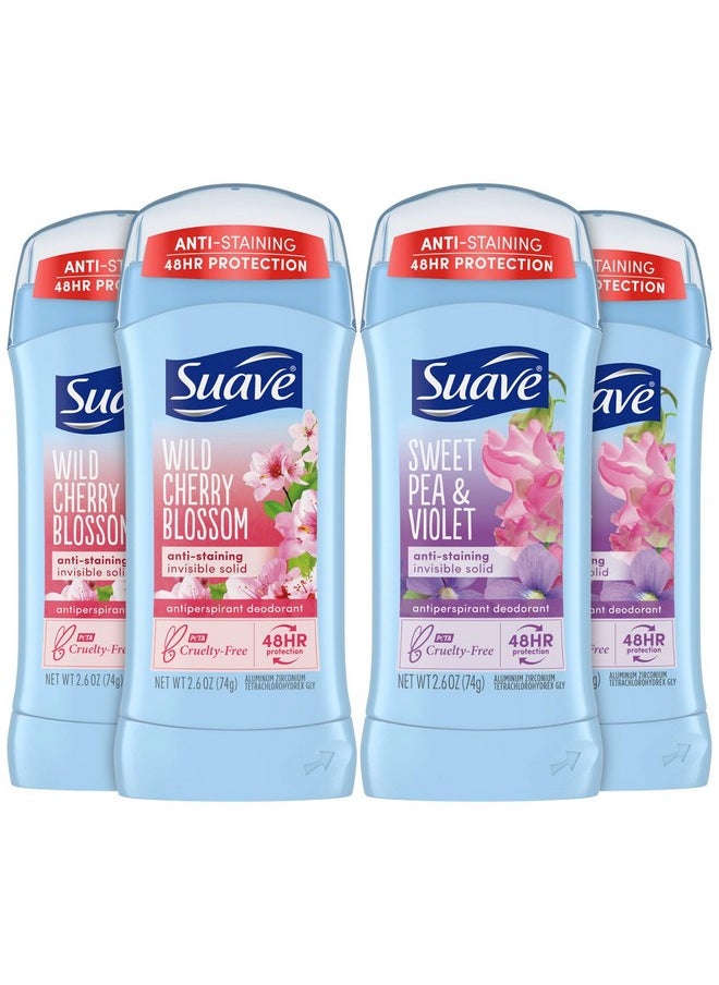 Suave Deodorant Antiperspirant for Women, Variety Pack - Sweet Pea & Violet + Wild Cherry Blossom, 48H Protection, Anti-Staining, 2.6 Oz Ea (4 Piece Set)