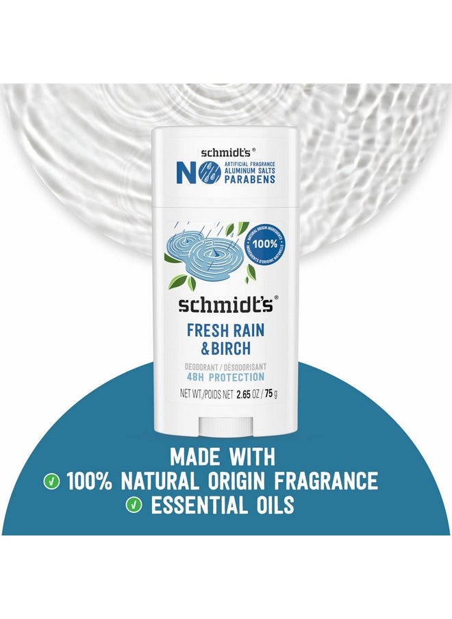 Schmidt's Aluminum-Free Vegan Deodorant Fresh Rain & Birch with 24 Hour Odor Protection, 2 Count for Women and Men, Natural Ingredients, Cruelty-Free, 2.65 oz